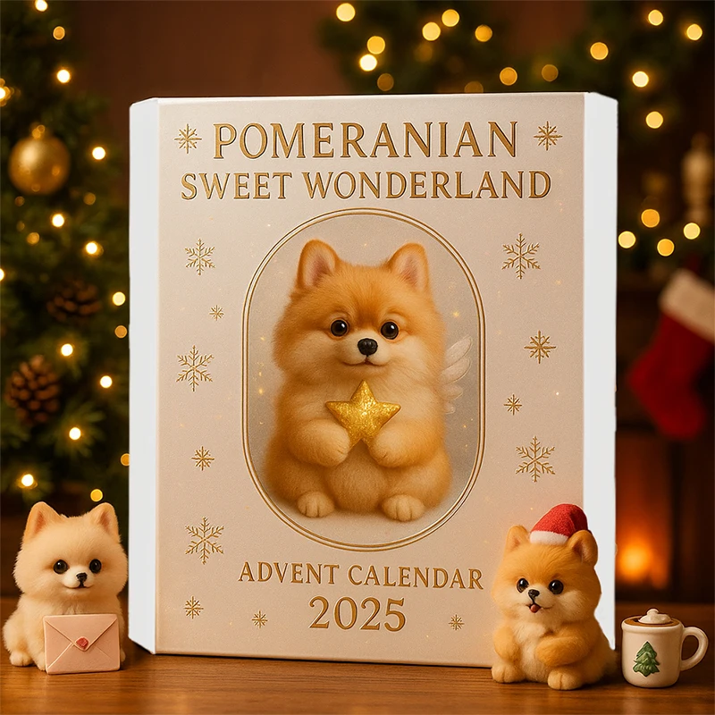 Kalender Advent Pomeranian Sweet Wonderland 2025, 24 Hari Kejutan Meriah Ornamen Anjing, Mainan Anjing Lucu Akrilik 2D
