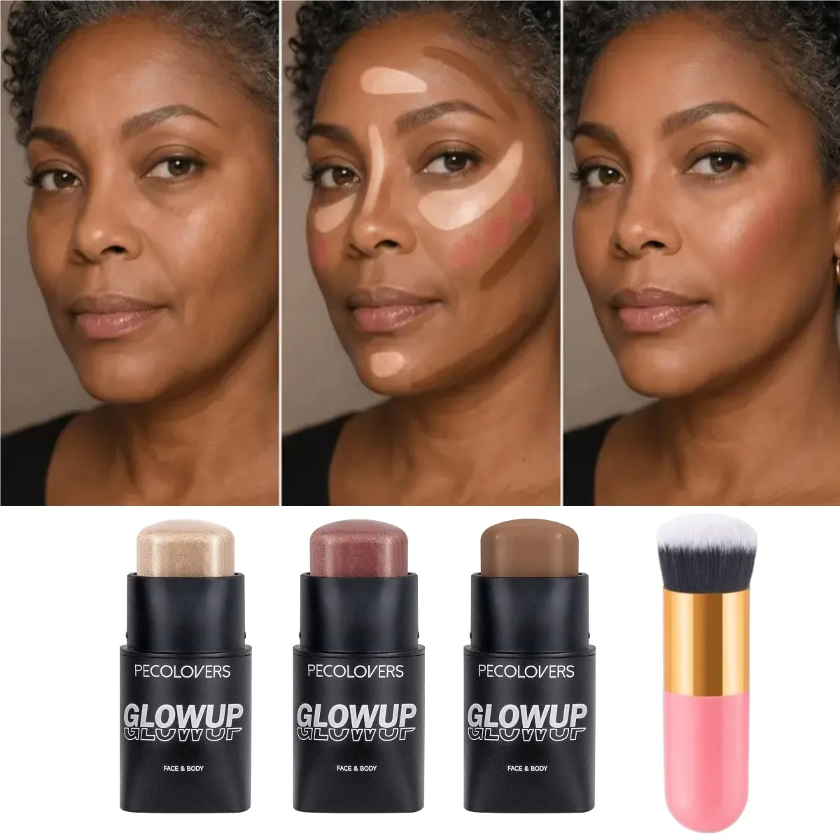4PCS Waterproof Multifunction Face Makeup, Highlighter + Blush Powder + Facial Contour Stick, Build 3D Stereoscopic Face