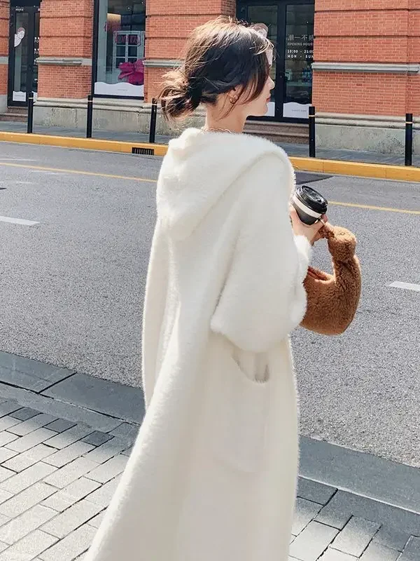 Faux Mink Coat Hooded Knit Cardigan Women\'s Mid-Length Autumn and Winter 2024 New Lazy Wind Sweater Coat  Sweaters for Women