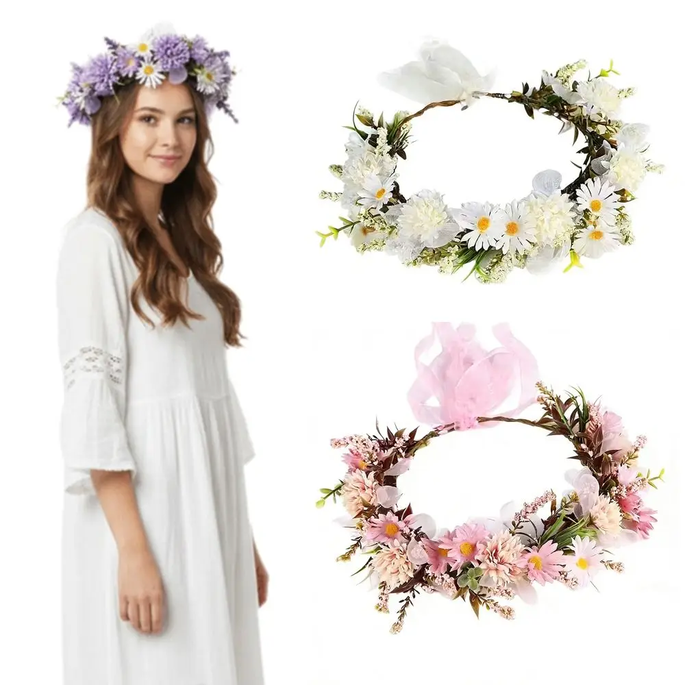 Artificial Floral Floral Headband Plastic Flower Fairy Aura Flower Crown Pearl Decorated Flower Wreath Bridal Shower