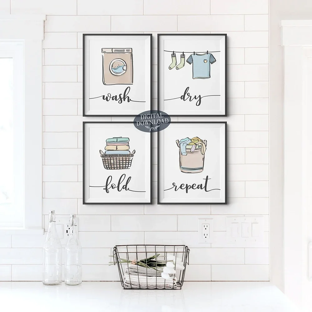 Wash Dry Fold Repeat Laundry Sign Colorful Wall Art Print Canvas Painting Nordic Poster And Print Pictures Bathroom Home Decor