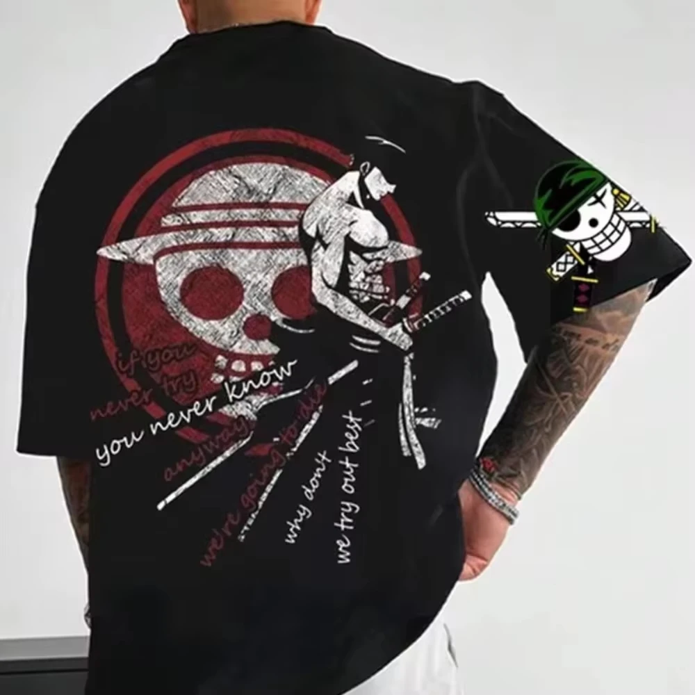 2026 New One Piece Summer Men's T-shirt Anime Roronoa Zoro Autumn Men's and Women's Round Neck Short Sleeved T-shirt