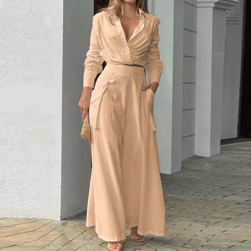 Autumn Elegant V-neck Sexy Navel-Baring Women's Suit Commuting Loose Pocket Fashion Casual Solid Color Shirt Wide Leg Pants Suit