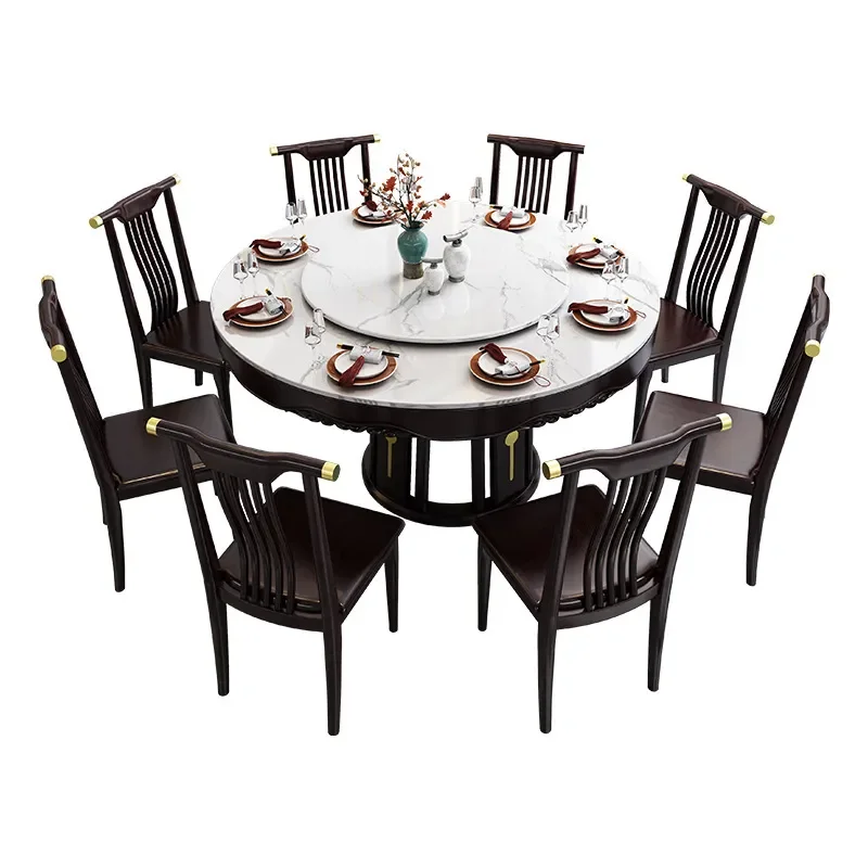 Round Dining Table Set Solid Wood Sintered Stone Top Lazy Susan Modern Luxury Small Apartment Kitchen Furniture 4 Chairs