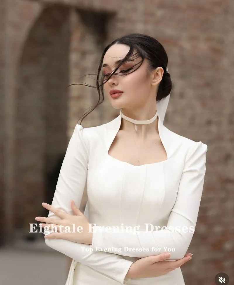 Eightale Muslim Wedding Dress with Detachable Skirt V-Neck Satin Customized Arabic Bridal Gown Long Sleeves Vestido De Noiva