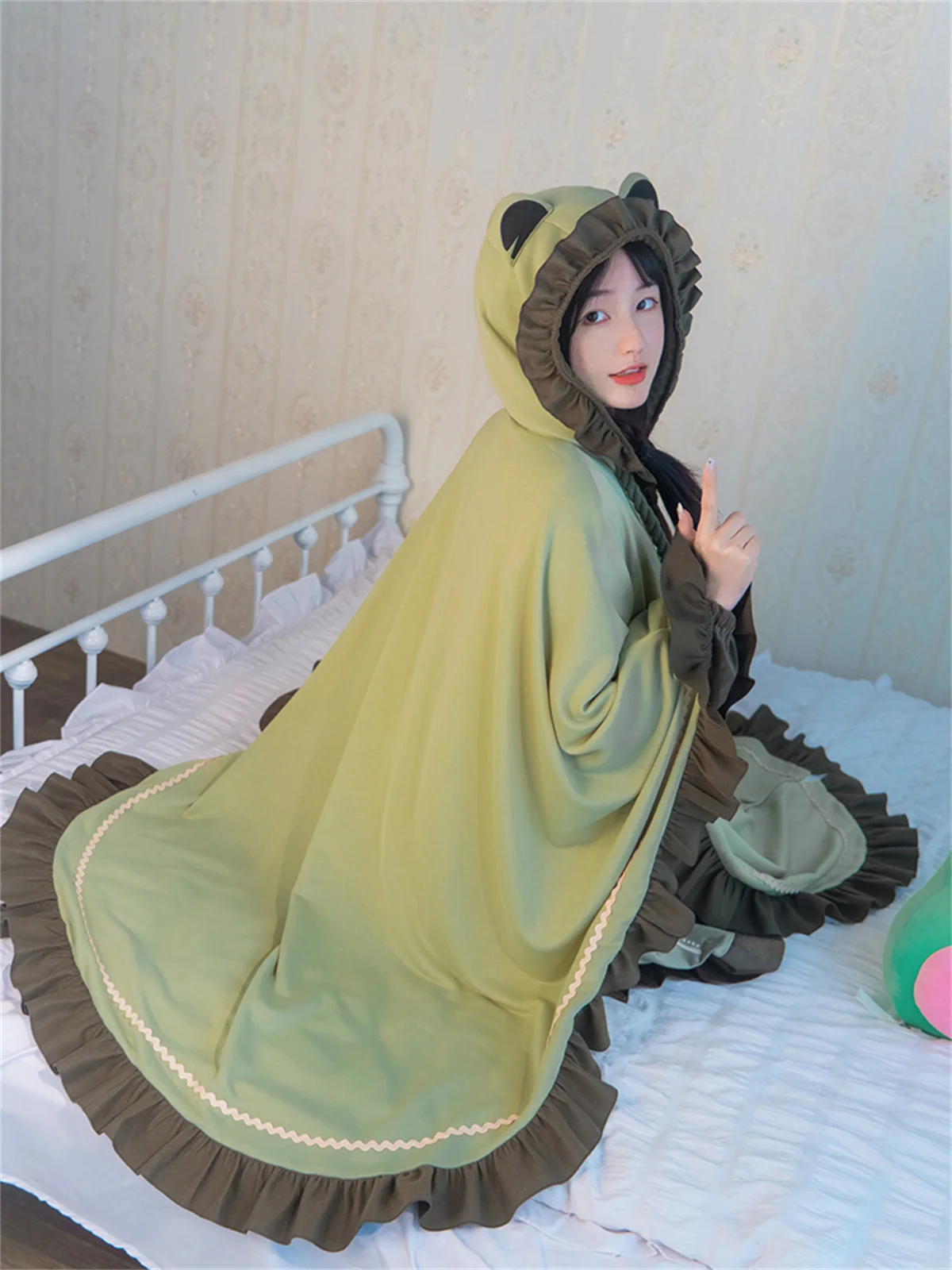 Withpuji Original Japanese Cute Style Comfortable Cosplay Lolita  Sweet Girls  Kawaii Soft Comfortable Ruffle Frogs Cloak