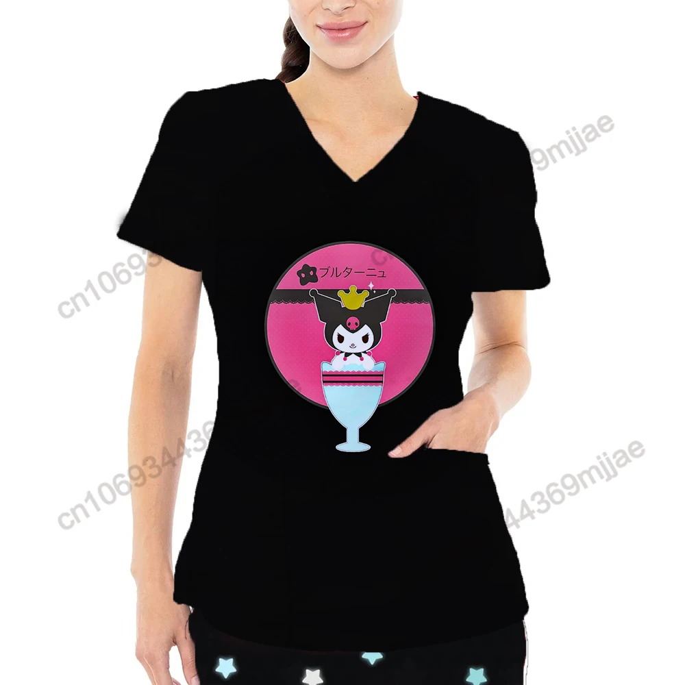 

Nurse Uniform Top Women T Shirt Y2k Disney Woman Clothes V-neck Women's T-shirt Pocket Y 2k Top 2000s Tops Kpop Tshirt Yk2 Style