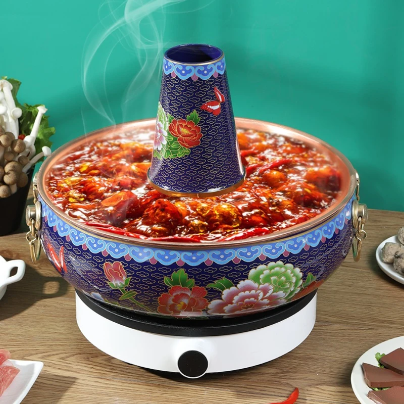 Cloisonne Copper Hotpot, Old Beijing Ice Cooked Sheep Hot Pots, Induction Cooker Tidal Pot,Chafing Dish Mutton Enamel Copper Pot