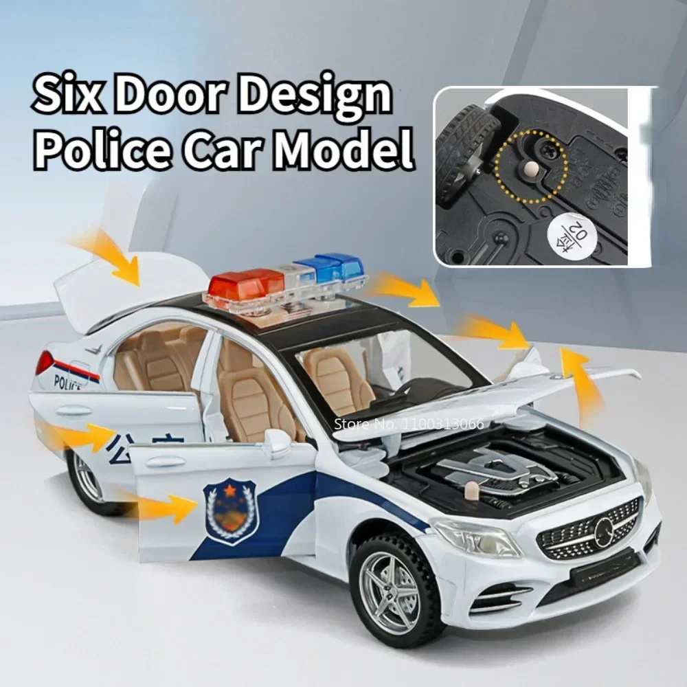 Modèle de voiture de police en métal moulé sous pression pour enfants, jouet de simulation, alliage, son et lumière, nervure arrière, véhicule pour enfants, décoration de modèles de voitures, C260, 1/32