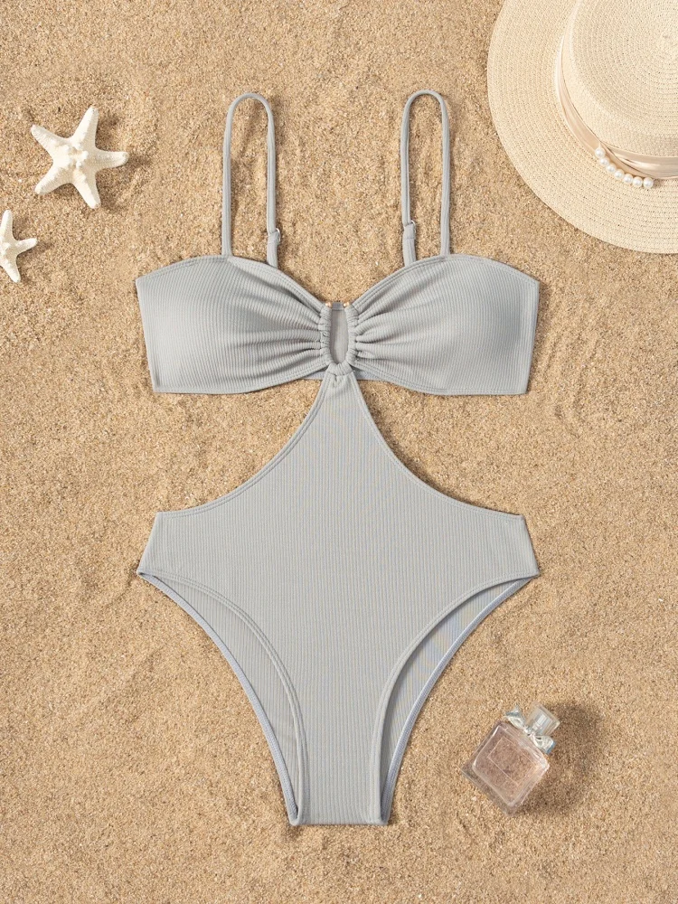 

One Piece Swimsuit Women 2026 New Solid Sling Ribbed Sexy Bodysuit Swimwear Monokini Summer Backless Beach Bathing Suit Female