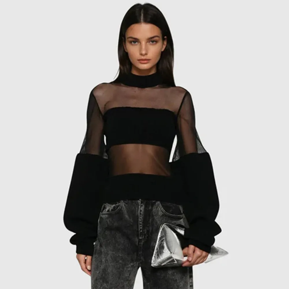 

Blifanbo Fashion Sexy Mesh Patchwork T-shirt Top Women Long Sleeve Turtleneck Slim See Through Female T-shirt Elegant Clothes
