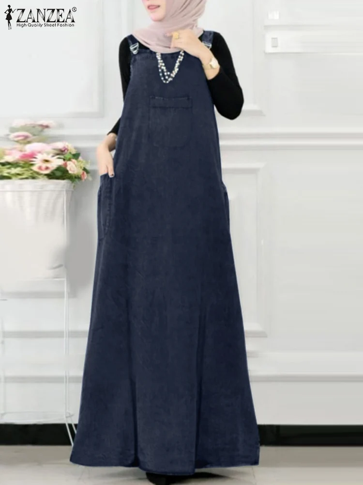 ZANZEA Mouwloze Bandjes Jarretel Vestidos Denim Vrouwen Casual Eid Mubarak Ramadan Abaya Gewaden Moslim Islamitische Hijab Maxi Jurk