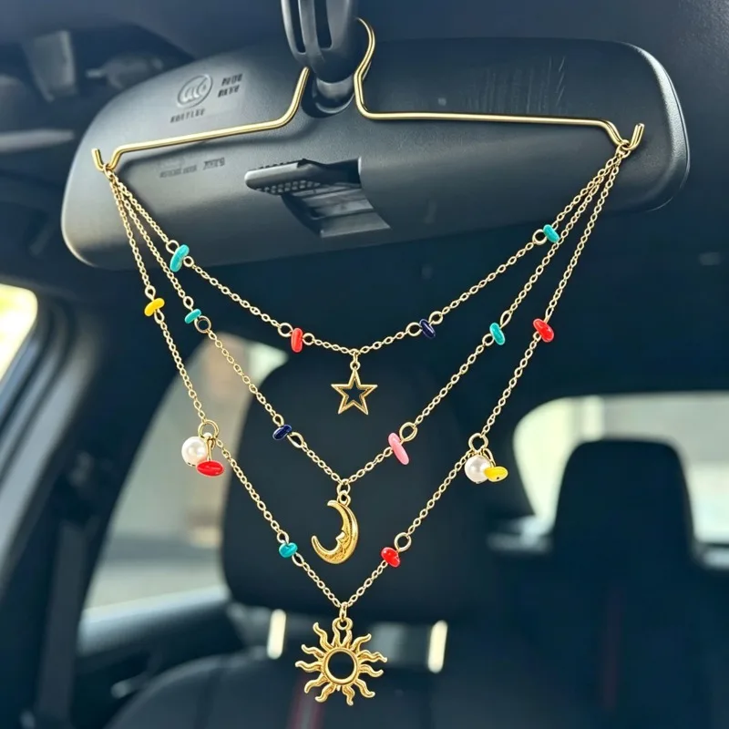 Bohemian Car Rearview Mirror Hanging Ornament Gold Color Sun Moon Star Charms with Color Beads Faux Pearl Auto Interior Decor