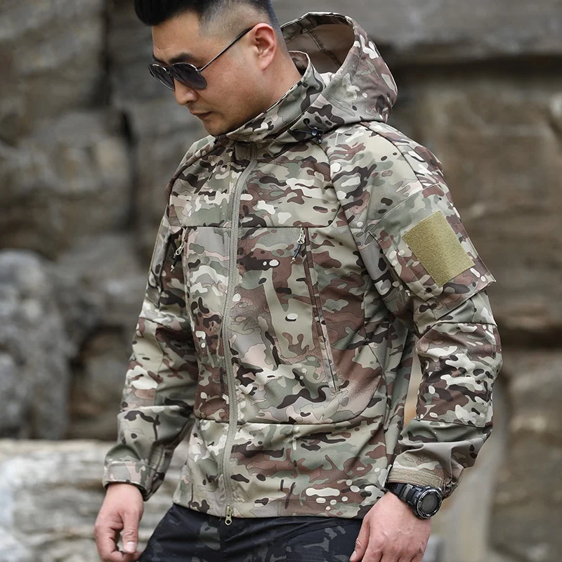

Мужские весенне-осенние спортивные куртки для походов на открытом воздухе, пальто с несколькими карманами и капюшоном, однослойная водонепроницаемая тактическая куртка из мягкой оболочки