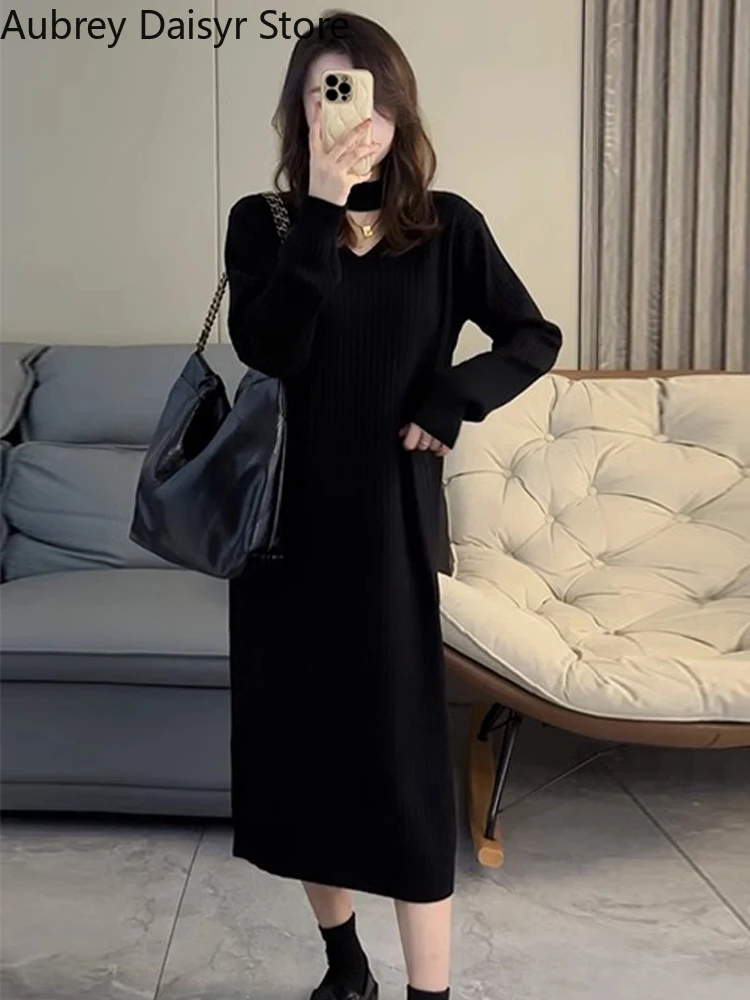 Autumn Vintage Knitting Dress Women Elegant Chic V-neck Hollow Out Sweater Dress Korean Fashion Casual Christmas Party Dress New