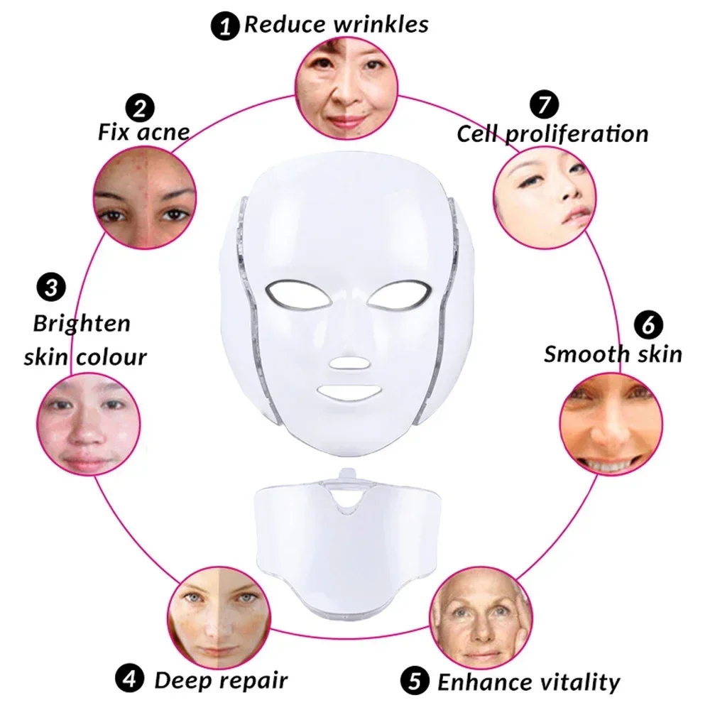 Facial 7 Colors Light LED Mask Face With Neck Skin Rejuvenation Treatment Anti Acne Therapy Whitening Home Use Beauty Devices