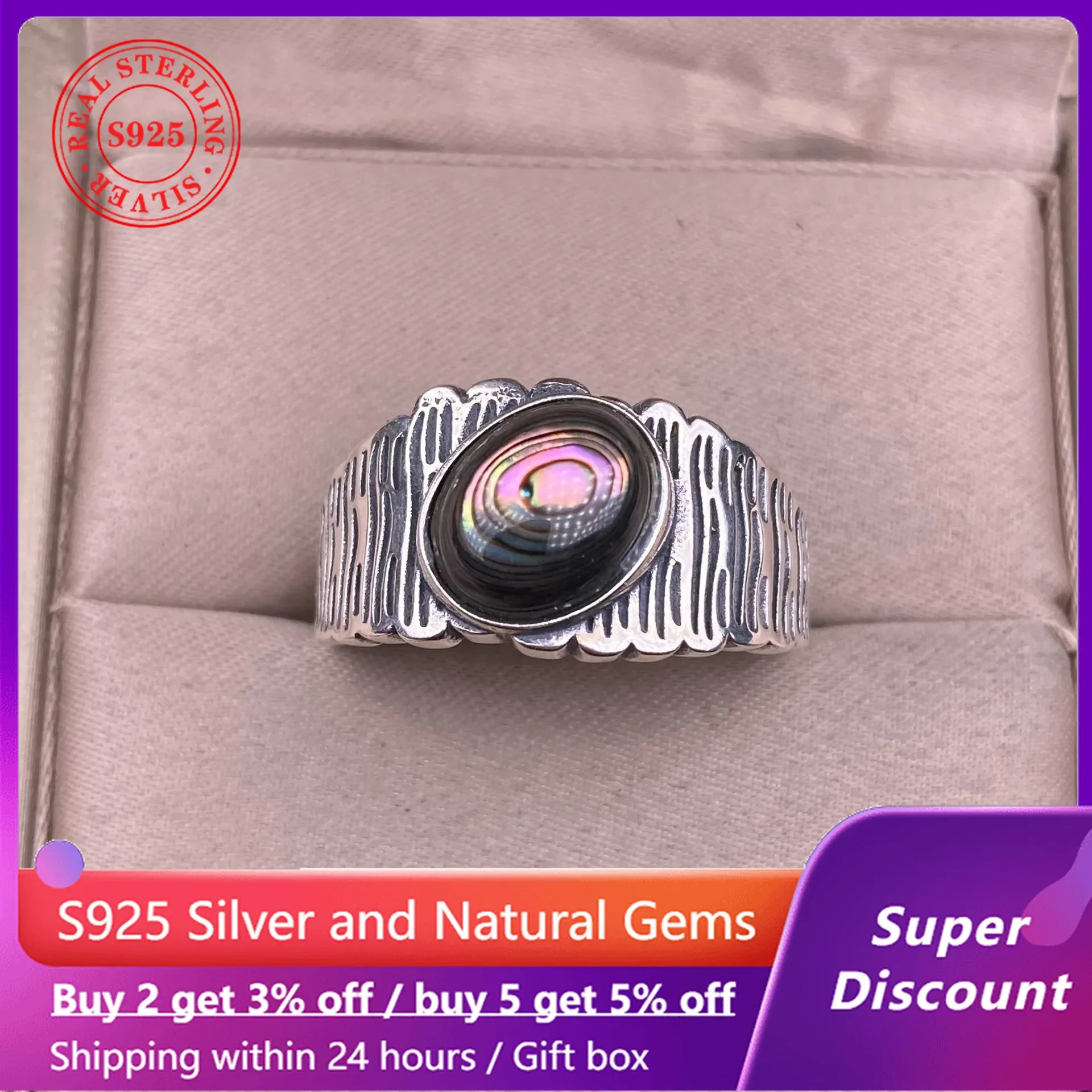 

New Abalone Shell Ring S925 Sterling Silver Neutral Retro Couple Ring Wide Men's Ring Fashion Trendy Design Party Jewelry Gift