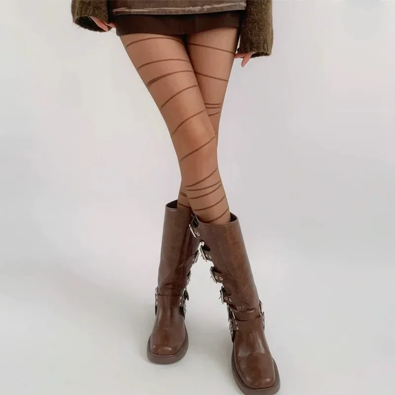 Women Sexy Irregular Striped Tights Semi-sheer Footed High Stockings Pantyhose Y2k Girls High Waist Body Pantyhose Black Brown
