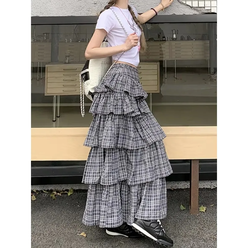 Long Skirt Womens Plaid Skirt Goth Lolita Spring Summer High Waist High Low Layer Ruched Ruffle Ball Gown Skirts rok