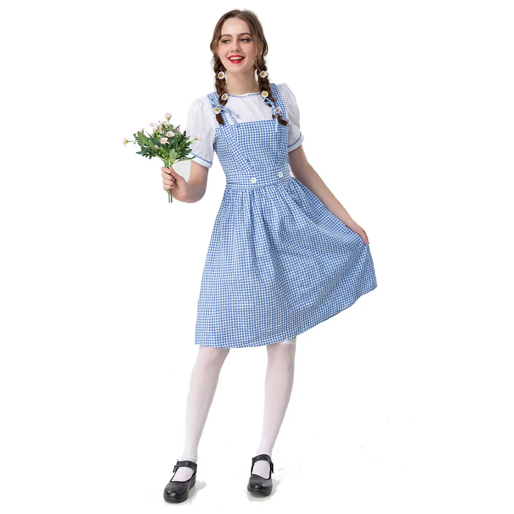 

Women Plaid Print Short Sleeve Cosplay Medieval Dress Dress Causal Costumes Dress Preppy Style Blue And White Plaid Dresses