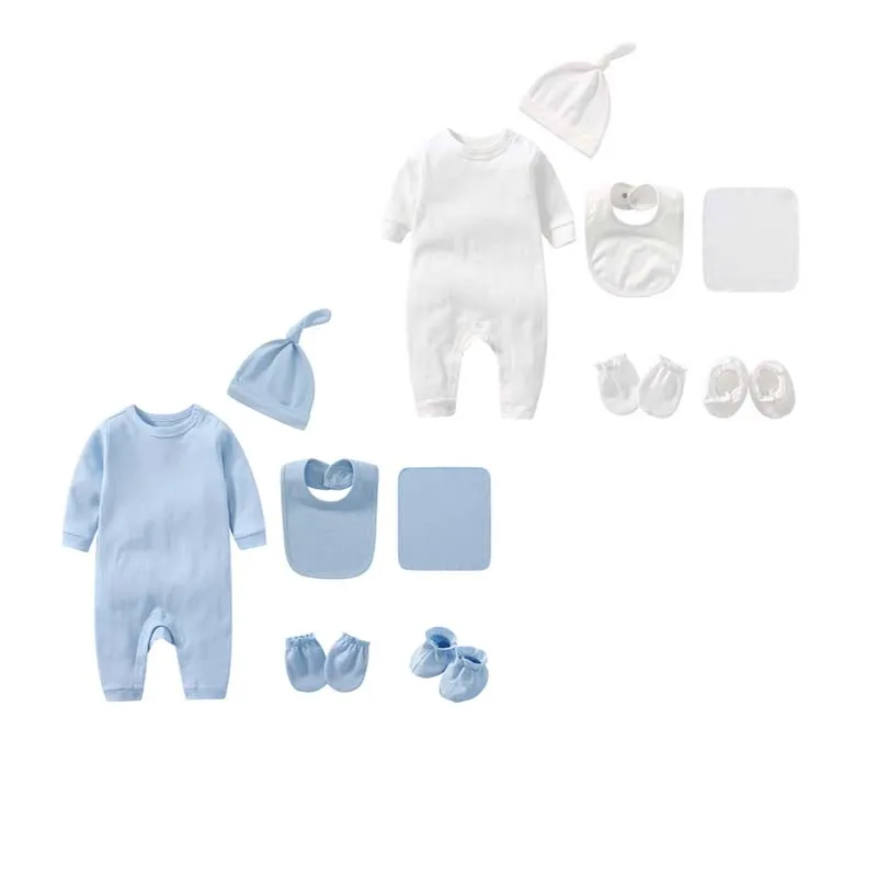 Newborn Baby Clothing 0 To 3 Months Jumpsuit Sets Solid Color Romper Hat Bib Towel Gloves Accessory Suits Baby Boy Girls Outfits