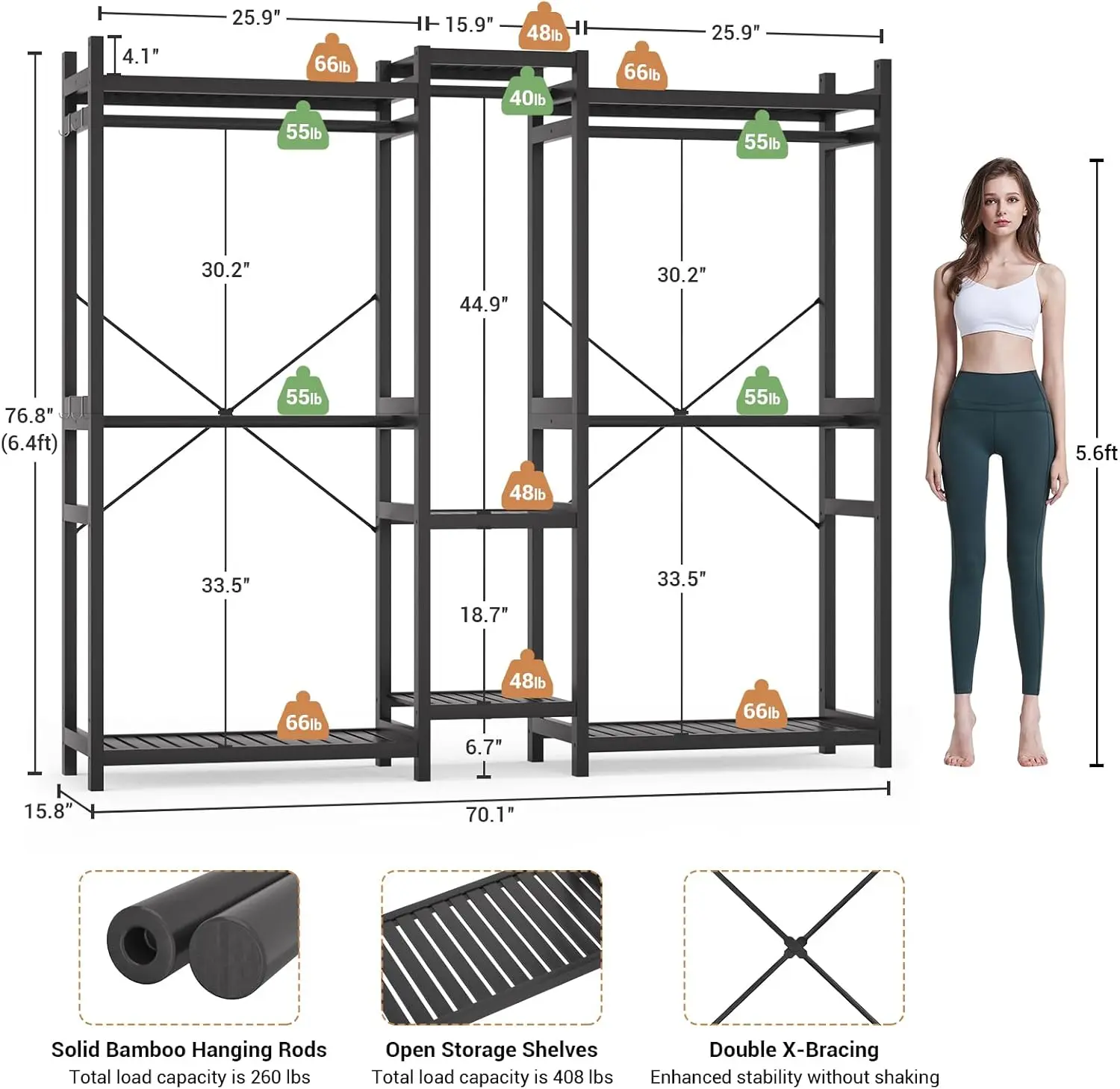 洋服用竹クローゼットシステム,7つの収納棚付き大型洋服ラック