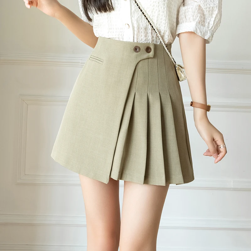 

2024 New Korean Cute High Waist A-line Mini Pleated Skirt Fashion Button Female Short Skirts Woman Spring Summer Casual Skirts