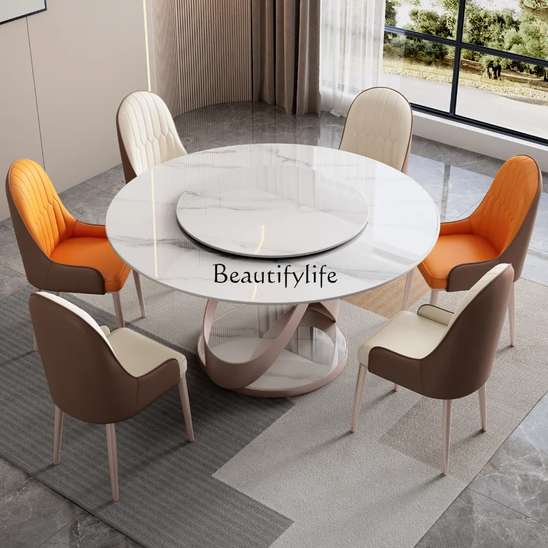 

Modern simple round table with turntable light luxury bright rock slab round dining table