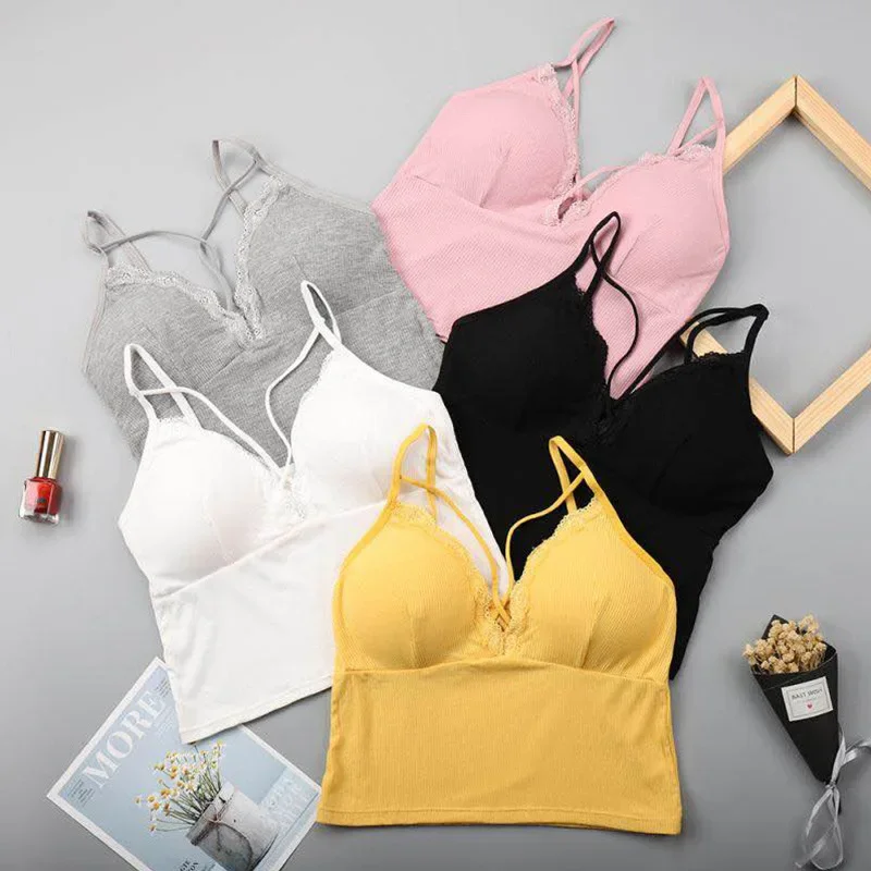 Women Wire Free Removable Pad Cami Top Front Criss Cross Strap Lace Trim Light Shaping Tank Sleep Wear Intimates Daily Inner Top