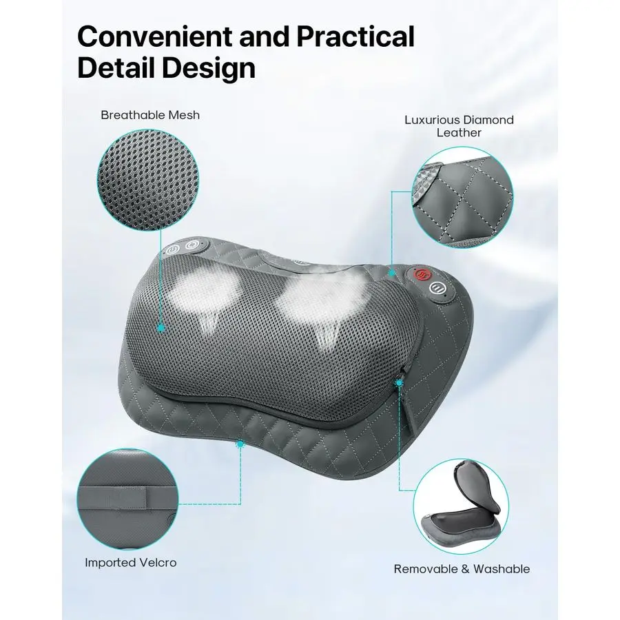 Shiatsu Neck and Back Massager with Soothing Heat,3D Kneading Massage Pillow for Muscle Pain Relief, Use Unplugged,Detachable Co
