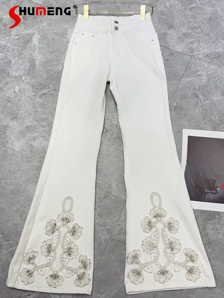 Ladies 2024 Autumn Winter New Bead Embroidered Hem Design Jeans Slim High Waist Elastic Denim Pants White Flared Denim Trousers