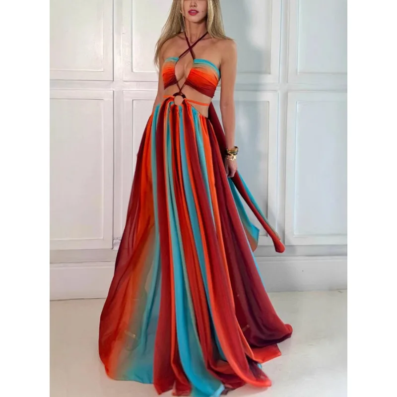 Seksowna Sukienka Maxi na Wakacje na Plaży w Kolorach Tęczy, Długa do Podłogi, Wiązana na Szyi, Bez Pleców, z Wycięciami, Szyfonowa, Plisowana, w Stylu Boho, Koktajlowa
