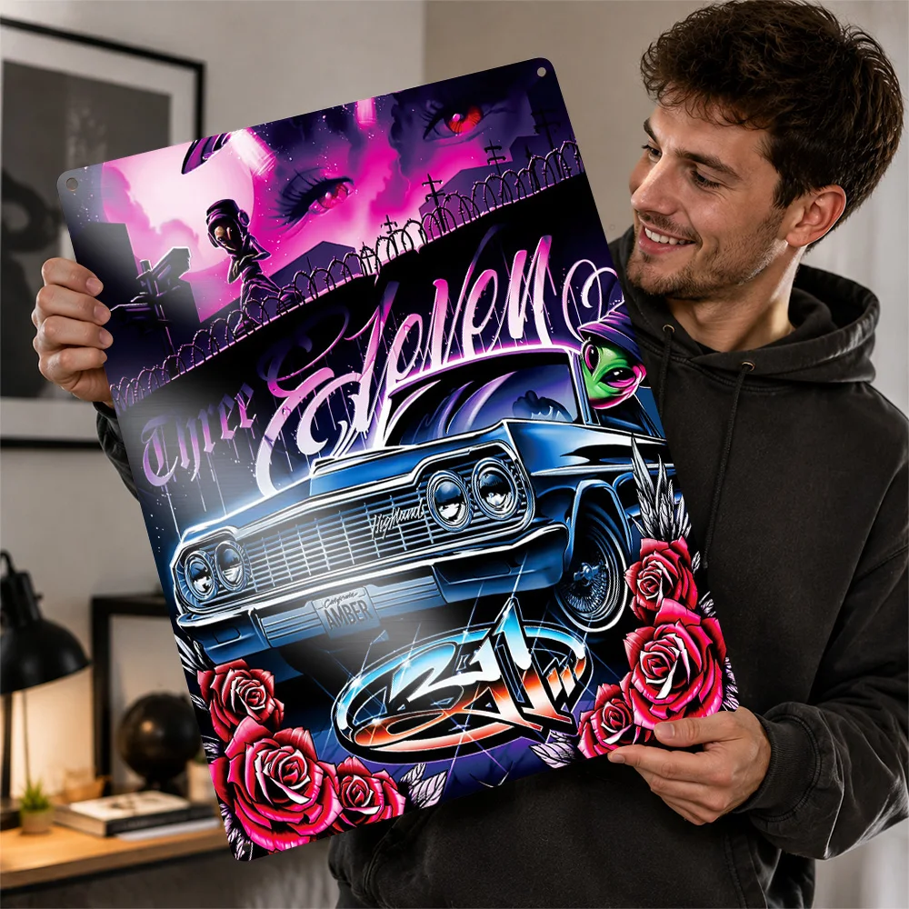 Lowrider Car With Roses Textured Metal Poster Graphic Wall Art For Listening Room Personalized Aluminum Sign Music Lover Gift