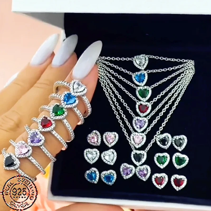 Popular 925 sterling silver heart-shaped colorful crystal women ring necklace earrings fit original and exquisite jewelry gifts