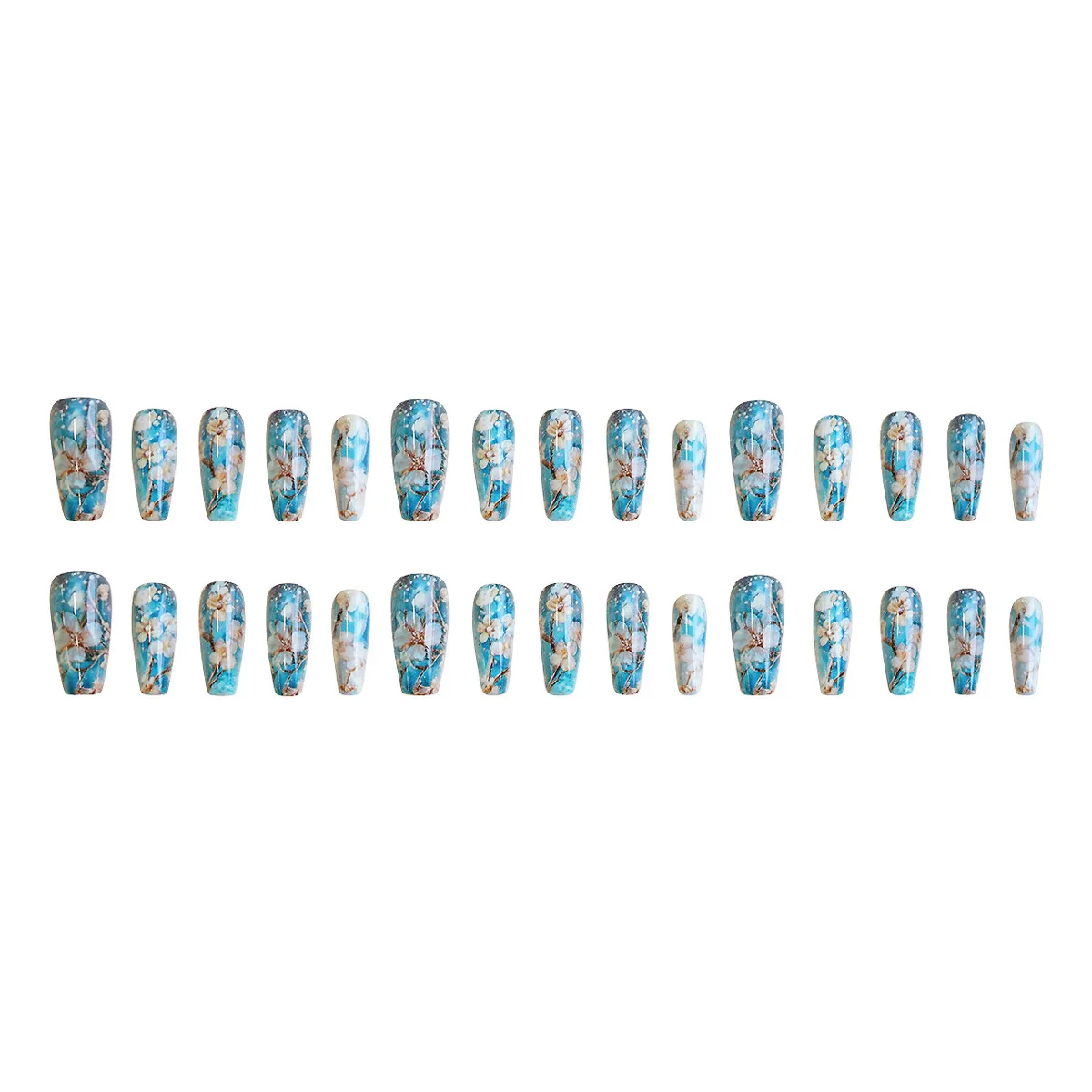 24 pièces Style chinois bleu Orange abricot fleur presse sur ongles fleur manucure portable ongles pour femmes et filles faux ongles