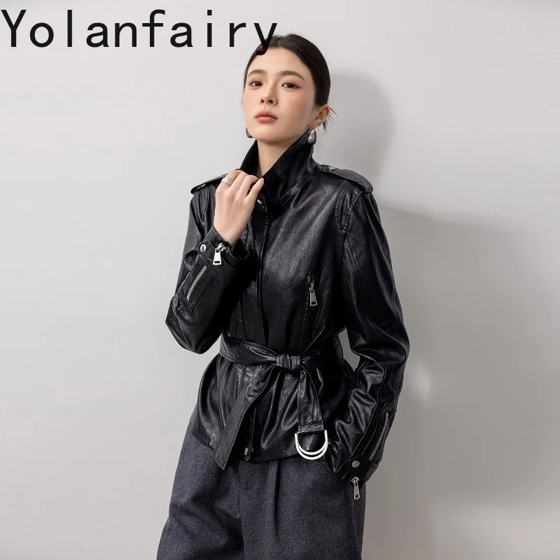 YOLANFAIRY 100% Real Sheepskin Coat Woman High Quality 2026 Genuine Leather Jacket Women Stand Collar Short Leather Jackets Belt
