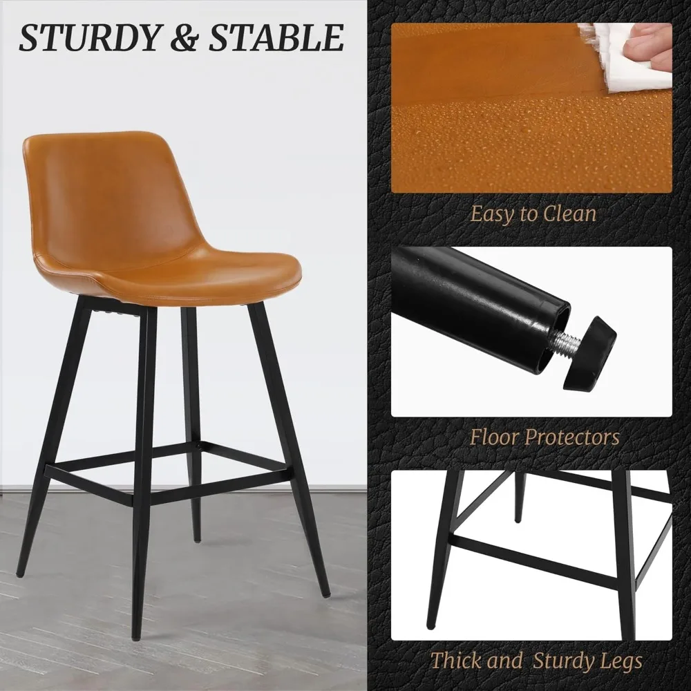 Bar Stools, 26", Upholstered Bar Stool with Back Set of 4, Faux Leather Performance Material in Whiskey Brown, Barstools