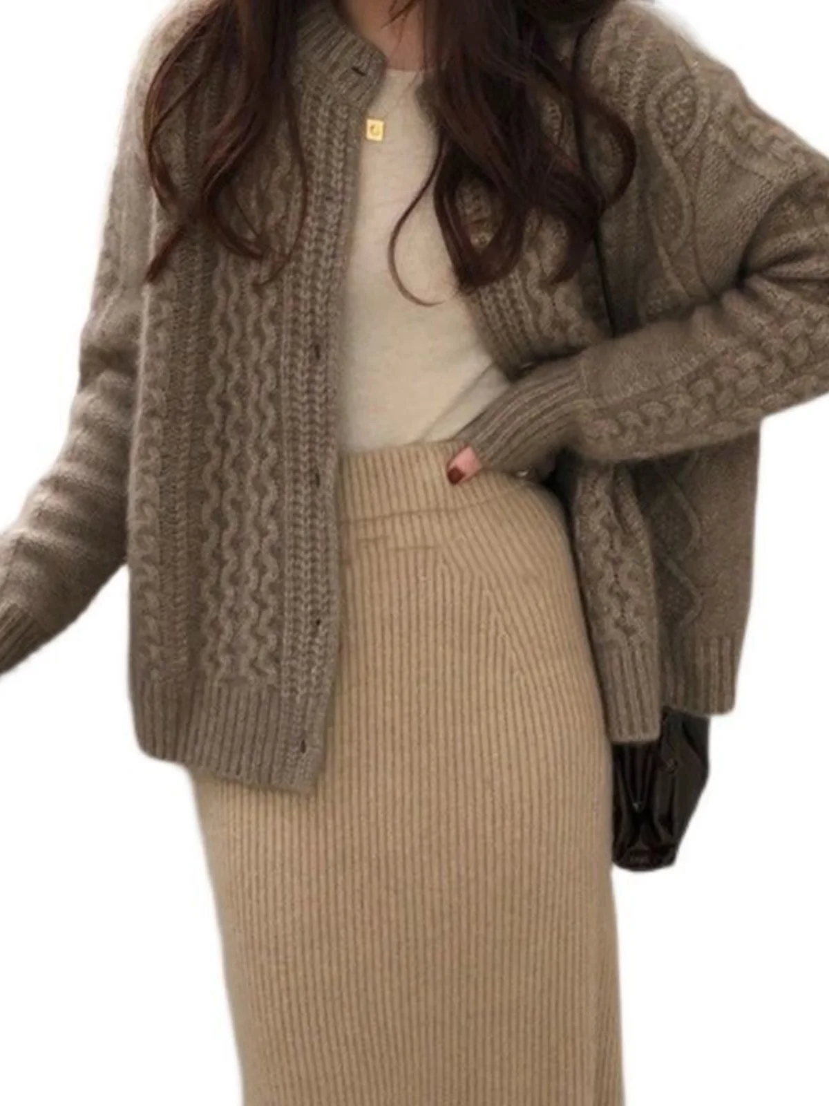 Kardigan Wol Tebal untuk Wanita, Sweater Rajut Tebal dengan Jahitan Kabel, Model Longgar, Gaya Modis dan Kasual