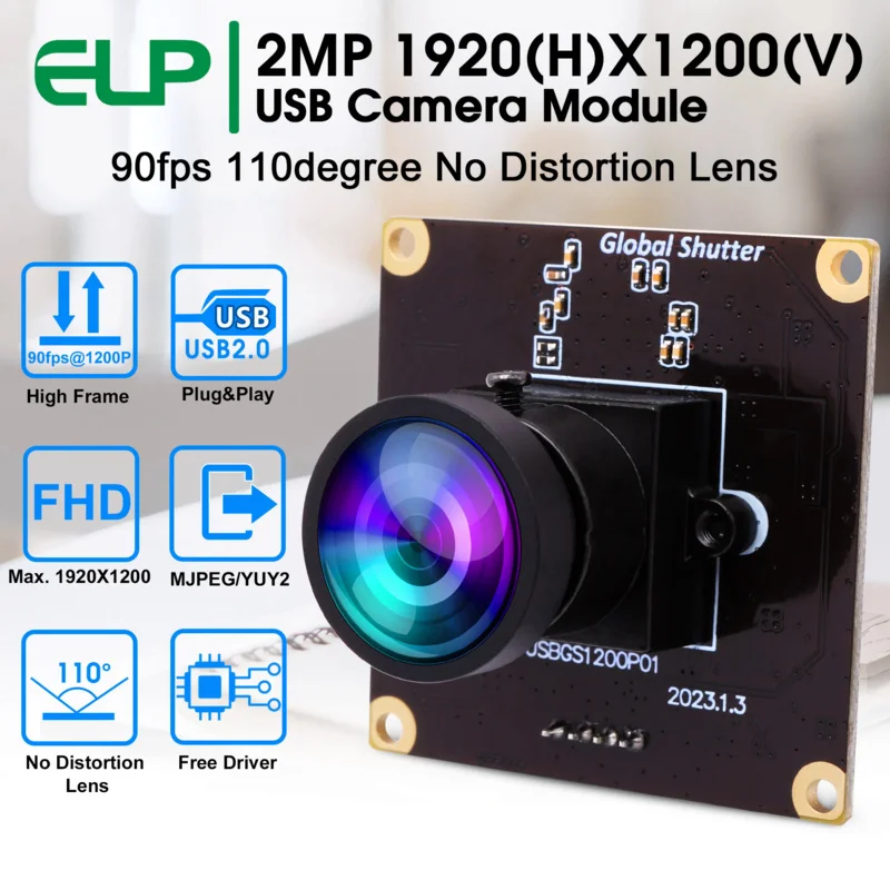 MJPEG 90fps 1920*1200 Webcam Aptina AR0234 Color Sensor No Distortion Lens Global Shutter USB Camera Module