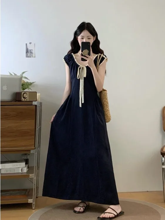 

plus Size Women's Knot Belted A-Line Long Dr Summer Slimming Waist High Waist Lace Commute Sle Korean Version