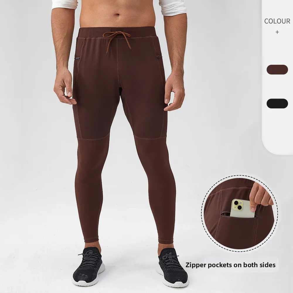 

Men's nylon fitness running trousers with zipper pockets, quick-drying and breathable, tight-fitting calf sports trousers