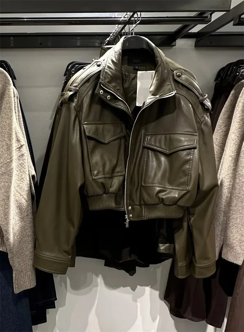 Women's Jacket New Fall 2025 Dark Green Long Sleeve Faux Leather Short Jacket Jacket Biker Style Casual Fashion Personality