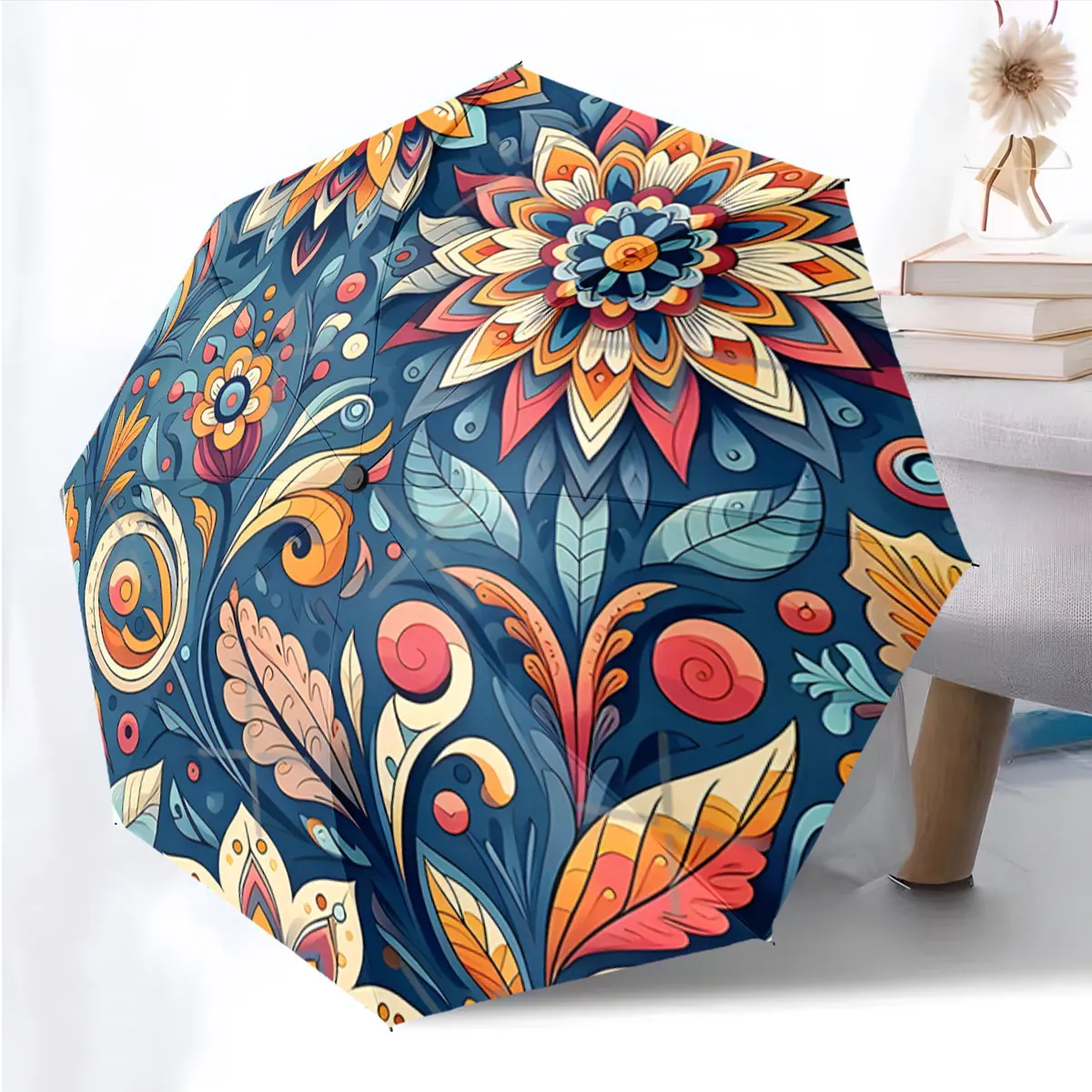1PC Vibrant Floral Umbrella Design with Intricate Patterns Print 8 Iron Ribs Folding Umbrella Auto-Open Fashion Sunshade