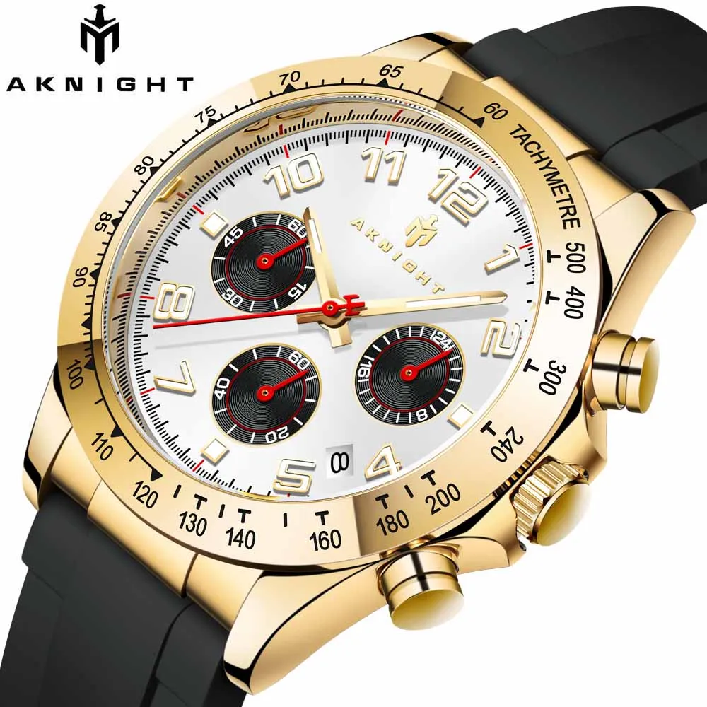 AKNIGHT Men Quartz Watches Waterproof for Watch Stainless Steel Silicone Strap Top Brand Chronograph Clock  Relogio Masculino