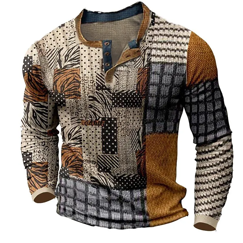 

Fashion Vintage Graphic Henley T-Shirt For Men 3D Print Henry Collar Long Sleeve Pullover Autumn Winter Loose Breathable Clothes