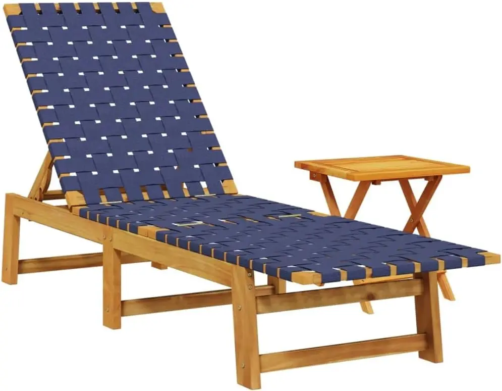 

Sun Lounger & Side Table Set - Dark Blue Olefin Fabric & Oil-Finished Acacia Wood - Adjustable Recliner for Patio/Garden/