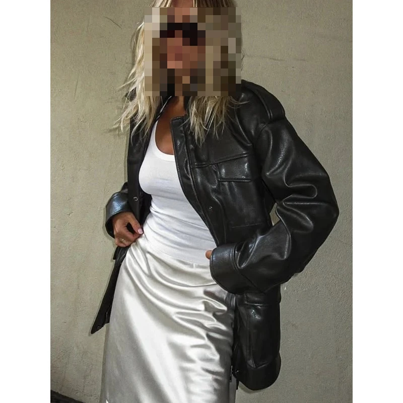 Korean version of niche versatile waist thin medium and long handsome locomotive leather jacket