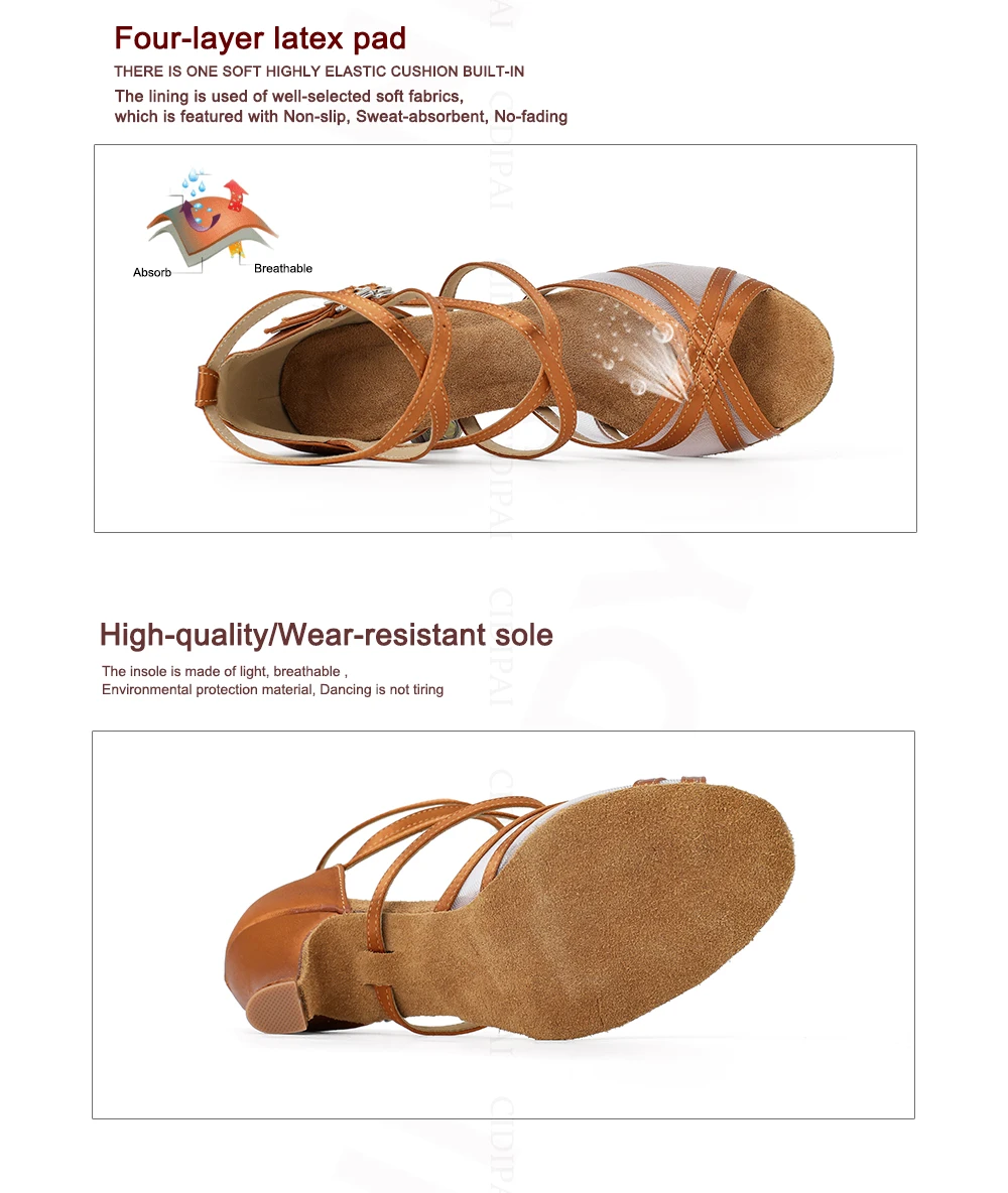 CINMIDY Braune Seiden-Satin Tanzschuhe Weiche Sohle Mesh Salsa Tango Latein Tanzschuhe Ballsaal Party Sandalen Damen Hochzeitsschuhe – Detail 5