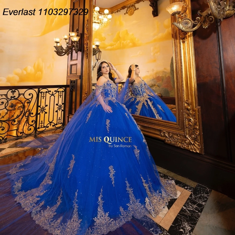 EVLAST Royal Blue Quinceanera Dress Ball Gown Gold Lace Applique Beads Cape Corset Sweet 16 Vestido De 15 Anos Customized QD1191