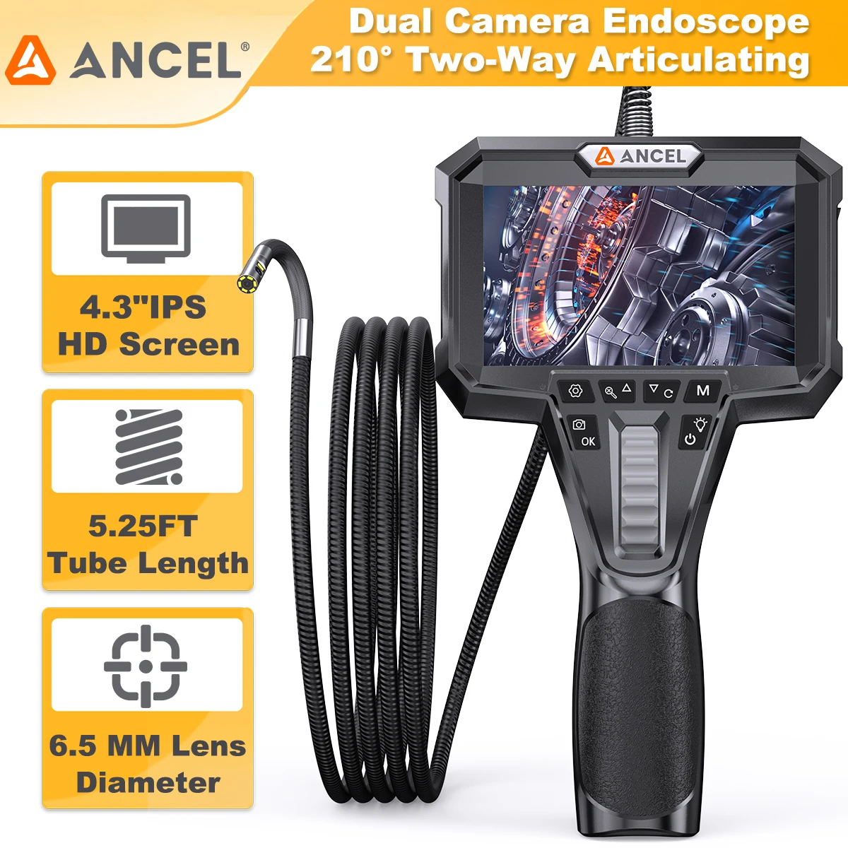 ANCEL AN302 6.5MM Dual Lens HD Borescope Inspection Camera Two-Way Articulating Endoscope 7 LED Lights Car Inspection Tool